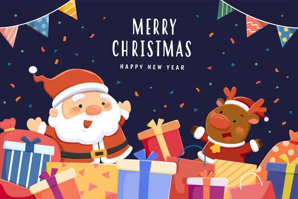 Biglietto Auguri Natale Capodanno Illustrazione Piatta Babbo Natale Renne Con — Vettoriale Stock