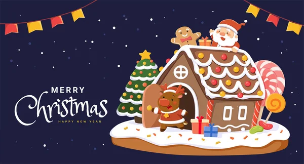 ジンジャーブレッドハウスクリスマスカード 雪に覆われた家のフラットイラストとサンタとトナカイが濃い青の背景に置かれています — ストックベクタ