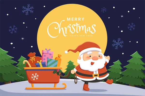 Feliz Tarjeta Navidad Ilustración Plana Santa Claus Arrastrando Trineo Lleno — Vector de stock