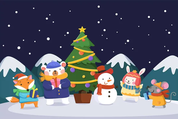 Noel Kartı Şablonu Kışın Giyilen Hayvanların Düz Çizimi Noel Arifesinde — Stok Vektör
