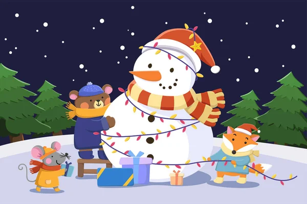 Christmas Card Design Flat Illustration Mouse Bear Wolf Decorating Snowman — Stock Vector