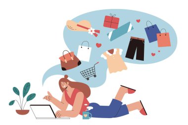 Düz resimli dizüstü bilgisayardan alışveriş yapan bir kadın. Yerde yatan kadın bilgisayarını kullanarak online alışveriş yapıyor ve kadın kıyafetlerini el arabasına ekliyor.