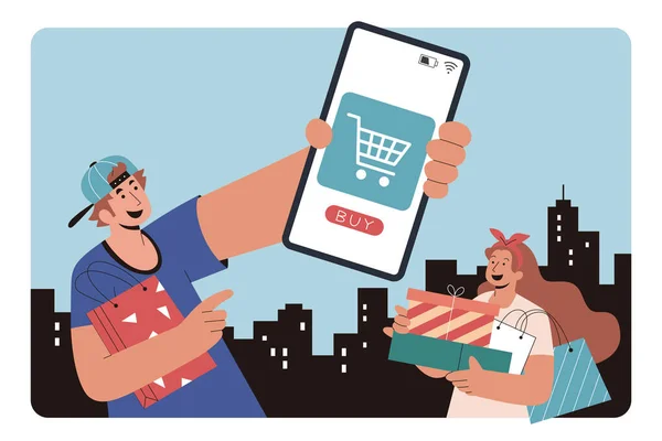 Pareja Urbana Compras Línea Ilustración Estilo Plano Muchacho Mostrando Donde — Vector de stock