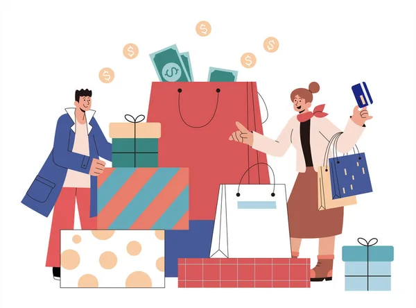 Coppia Andare Fare Shopping Baldoria Illustrazione Piatta Shopaholics Spendere Sacco — Vettoriale Stock