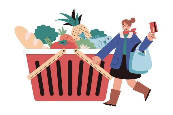 Cashless Grocery Shopping Flat Style Illustration Woman Holding Shopping Bags — Stock vektor