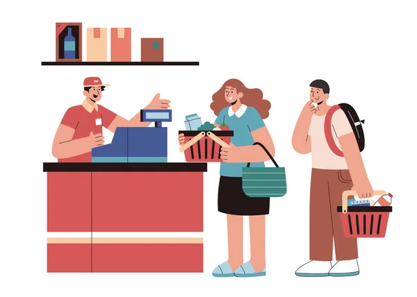 Lidé Čekají Pokladně Plochém Stylu Ilustrace Lidé Nesoucí Koše Čekající — Stockový vektor