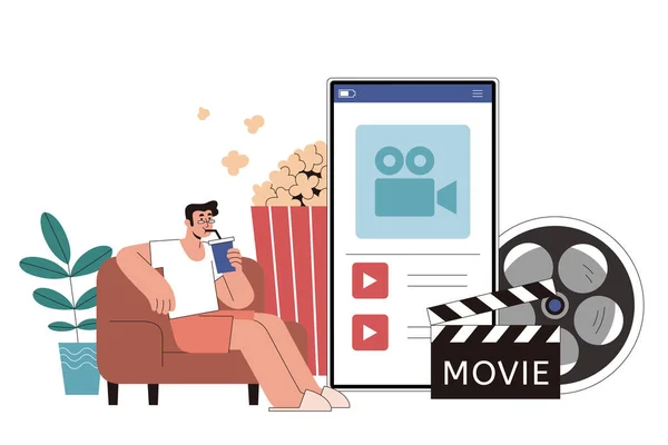 Watching Online Movies Phone Flat Style Illustration Man Relaxing Armchair — 图库矢量图片