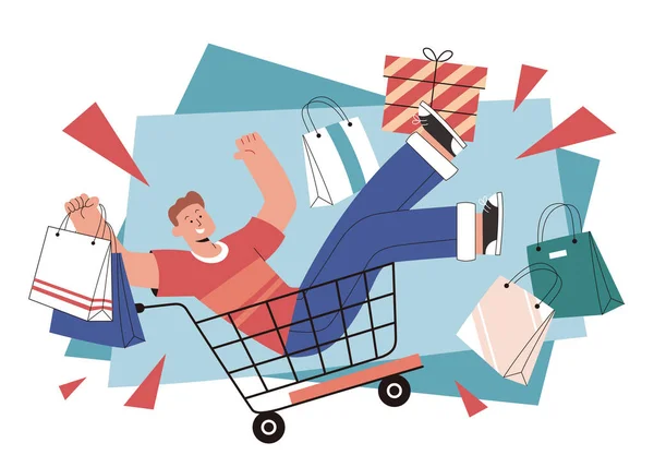 Man Cart Shopping Fest Flat Style Illustration Cheerful Man Lot — Stock vektor