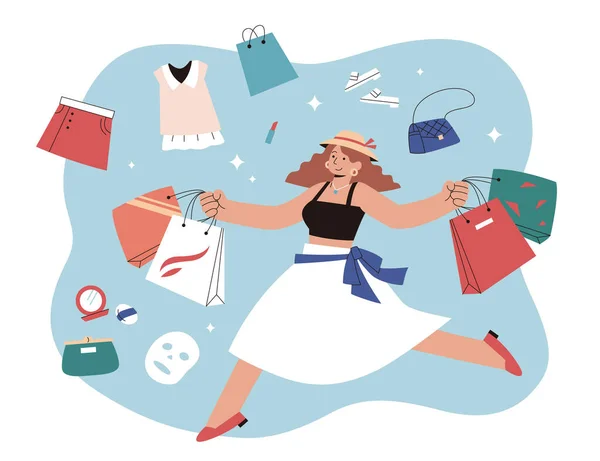 Woman Buying Shopping Festival Flat Style Illustration Woman Moves Delightfully — Stock vektor