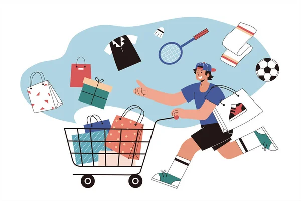 Sporty Boy Shopping Singles Day Ilustração Plana Esportista Correndo Empurrando — Vetor de Stock
