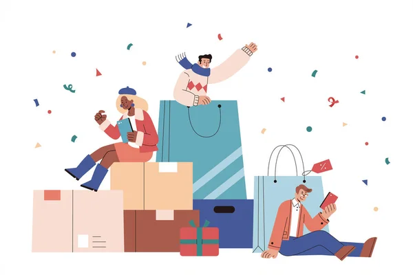 Gente Disfruta Las Compras Línea Ilustración Estilo Plano Hombres Mujeres — Vector de stock