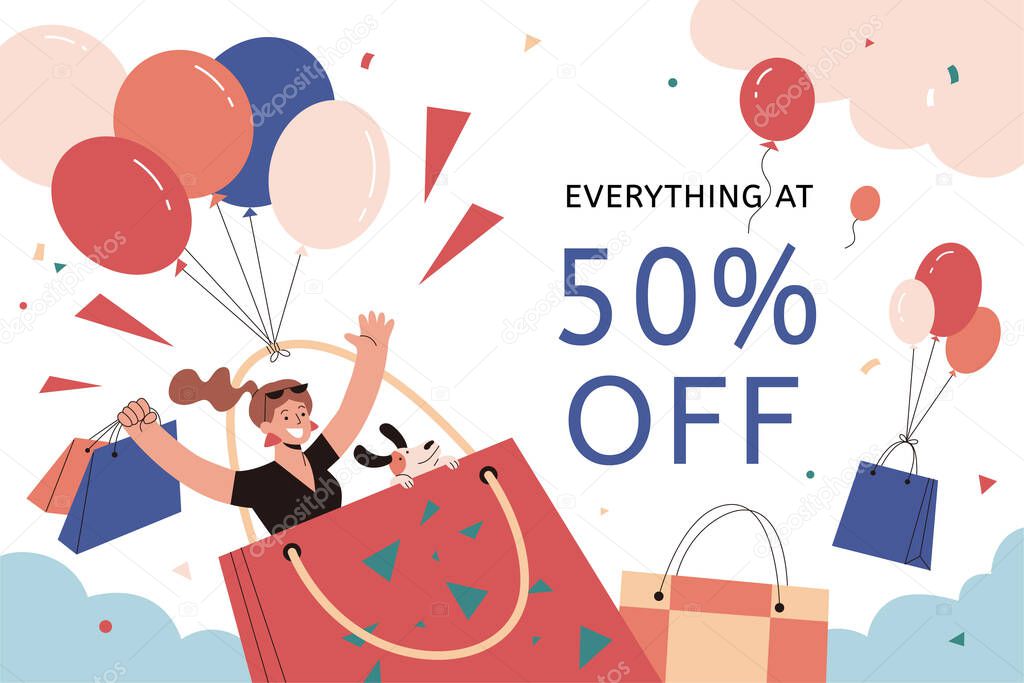 Woman enjoying half price sale in flat style illustration. A woman cheerfully flying in a shopping bag tied with balloons in the sky