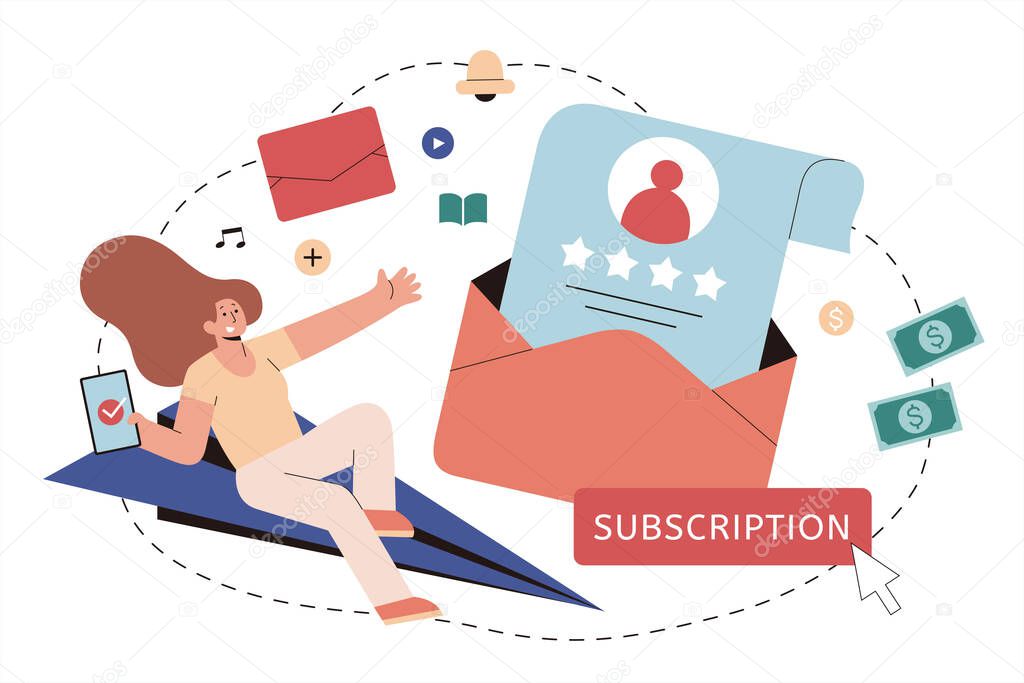 Influencer marketing in flat style illustration. Social media influencer calling subscriptions to her blog or video channel of product or service review content to earn more attention for money
