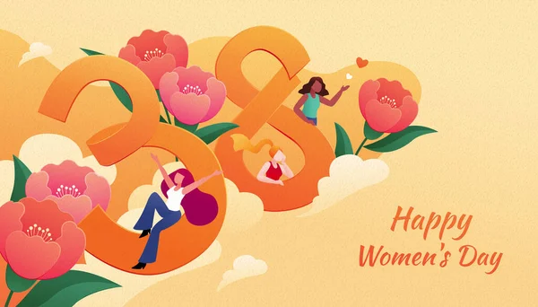 März Ist Frauentag Illustration Von Multirassischen Frauen Mit Zahlen Von — Stockvektor