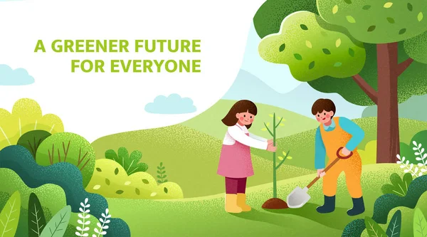 アーバー バナー 環境のために小さな木を植える2人の子供のイラスト — ストックベクタ