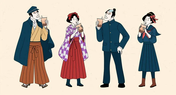 日本語バブルミルクティーを持っている 大正時代の人々はベージュ地に単離されたタピオカミルクティーを飲む — ストックベクタ