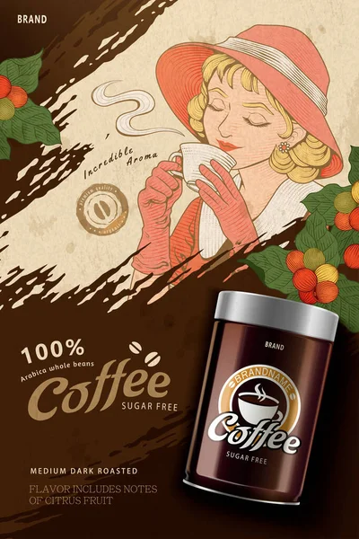 缶コーヒー豆ポスター広告 1920年代の若い女性がホットコーヒーの香りを嗅ぎ 底に3D缶コーヒー豆のパッケージを紹介します — ストックベクタ