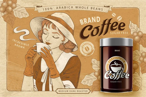 罐装咖啡豆横幅广告 上世纪20年代 一位女士在棕色咖啡农场的背景图中 用一个3D罐装咖啡豆包在咖啡中品尝咖啡 — 图库矢量图片