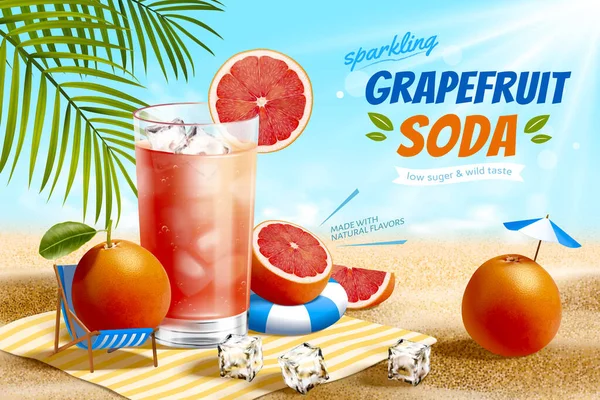 Werbebanner Mit Grapefruitsoda Illustration Eines Glases Kalte Grapefruitsoda Mit Eiswürfeln — Stockvektor