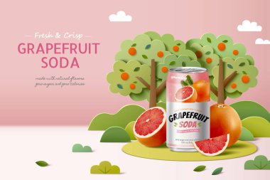 Grapefruit soda banner ad. 3D Illustration of a can of grapefruit soda in papercraft garden with realistic sliced and wedged fruit displayed on the grass