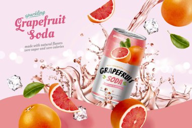 Greyfurt soda reklamı. 3 boyutlu bir greyfurt gazozunun gerçekçi dilimlenmiş ve pembe arka planda sıkıştırılmış meyveyle birlikte sıvıyla serpilmiş hali.