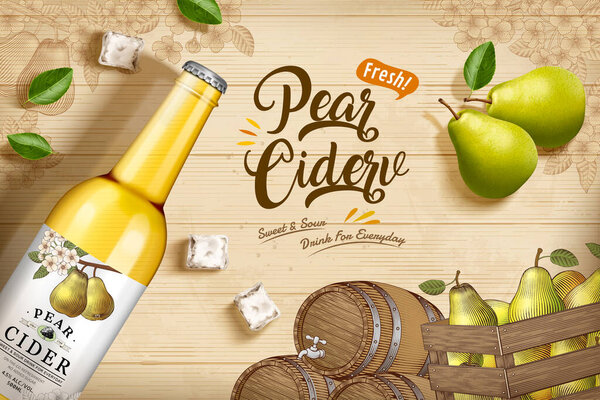 Pear cider banner ad. 3D Illustration of pear cider bottle with pears laid on an engraved background of wooden table decorated with pear branch