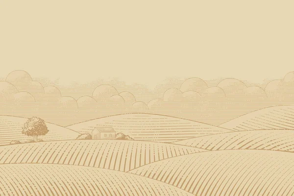 Estilo Grabado Ilustración Agricultura Rural Tierras Cultivo Con Pastizales Granero — Vector de stock