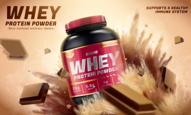 Beyaz protein tozu reklamı. Patlama efektli ve çikolata parçalı beyaz protein tozu kavanozunun 3 boyutlu görüntüsü. Vücut geliştirme gıda takviyeleri ürün tanıtımı