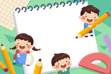 Kalemleri olan üç okul çocuğunun karikatür çizimi ve yeşil arka planda boş bir defter kağıdının üzerinde duran bir silgi. Okula dönüş için tasarım