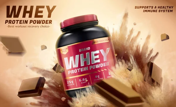 Whey Protein Powder Banner Illustration Whey Protein Powder Jar Explosion — Stock Vector