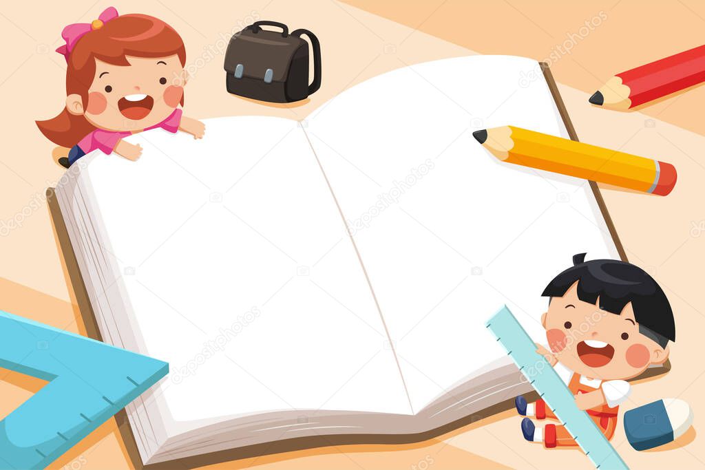 Cartoon illustration of two schoolchildren with book, ruler, pencils, eraser, and schoolbag. Design for back to school
