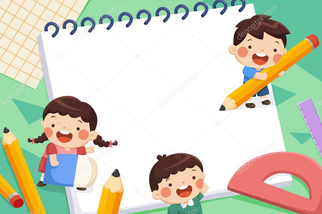 Cartoon illustration of three school children with pencils, and an eraser standing on a blank notebook sheet on green background. Design for back to school