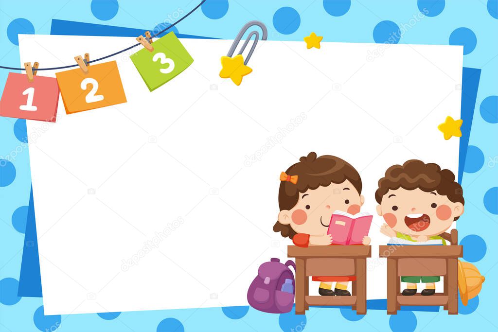 Cartoon illustration of a paper sheet frame with school kids sitting in a classroom on dotty blue background. Design for back to school
