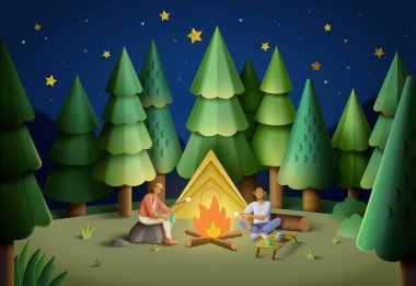 A man and a woman in a pine forest sitting by a tent at night and roasting marshmallows near campfire
