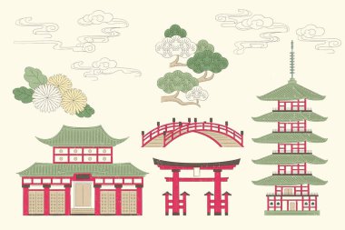 Torii, doğal çiçek elementleri, ağaçlar ve bulut elementleri içeren Japon binaları bej arka planda klasik mürekkep tarzıyla gösterilmiştir.