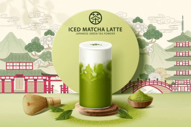 A glass of 3D realistic matcha latte with a bamboo whisk, a bowl of green powder and tea leaves on Japanese town scenery background in pen and ink style. Translation: Tea clipart