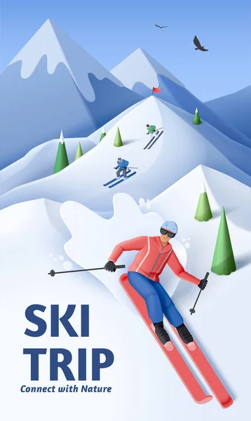 Ski Trip Poster Papercut Style Illustration Amateur Skiers Riding Downhill — Stockvector