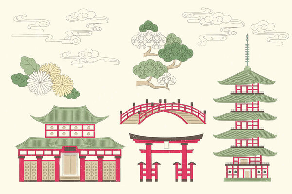 Japanese buildings including torii, bridge with natural elements of flowers, trees and clouds elements illustrated in vintage ink style on beige background