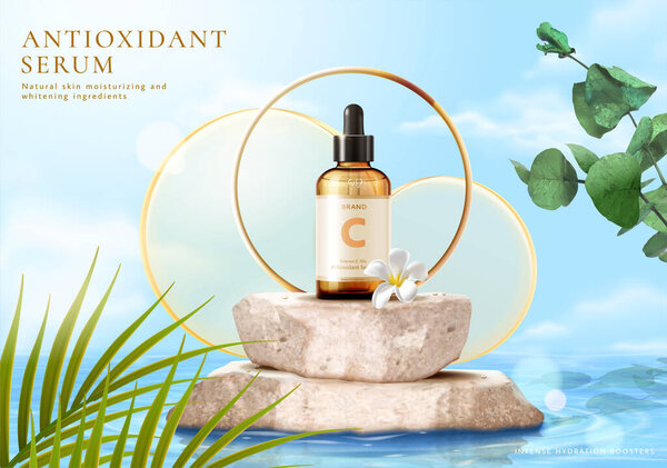 3d summer cosmetic product ad template. Dropper bottle displayed on sandstone stage with orange glass disks and tropic sea water scene.