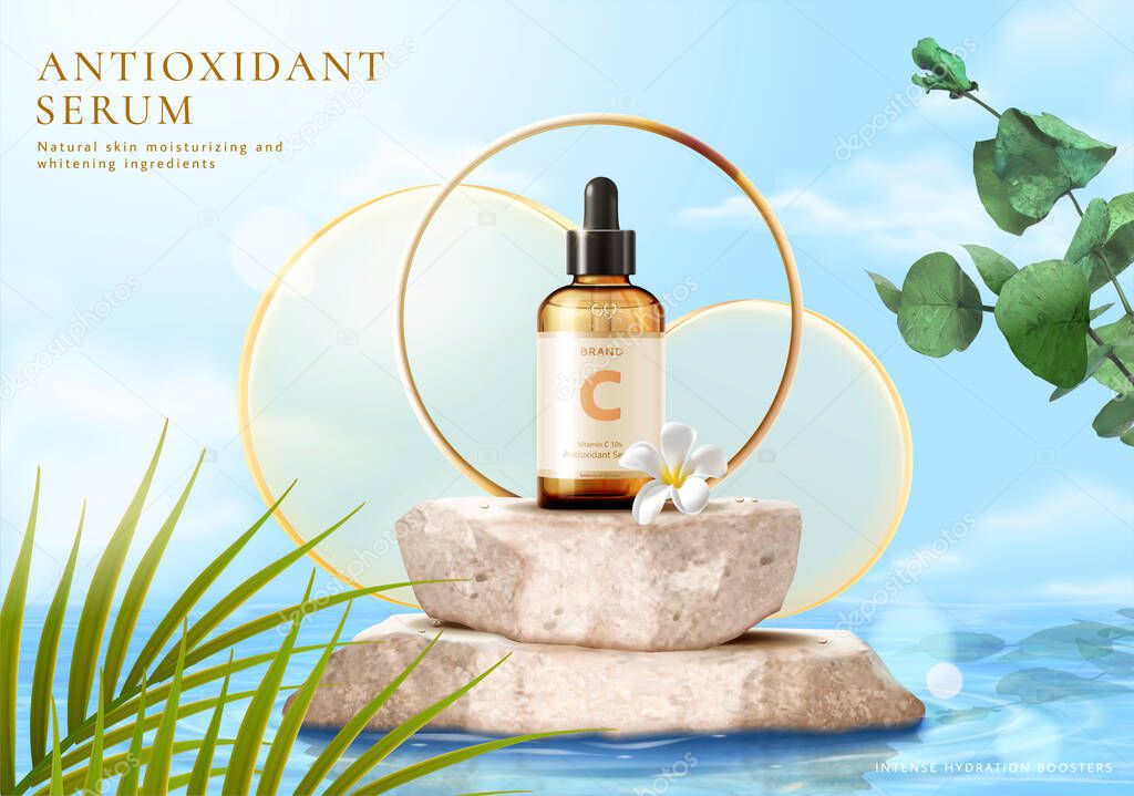 3d summer cosmetic product ad template. Dropper bottle displayed on sandstone stage with orange glass disks and tropic sea water scene.