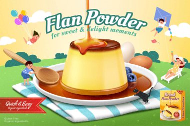 Flan pudrası reklamı. Üç boyutlu bir muhallebi resmi. Karamel şurubu serpiştirilmiş. Minyatür çocuklar çim arka planda piknik ekose üzerinde tatlının etrafında oynuyorlar.