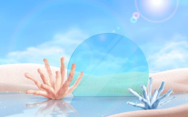 3d surreal summer beach scene design with coral reefs, circle glass disk and sand hill landscape. Suitable for product display.