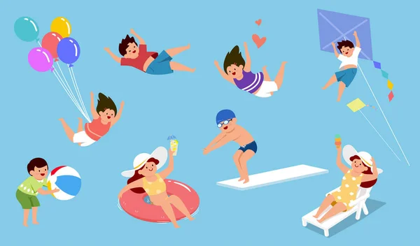 Flat Illustration Kids Doing Different Aquatic Activities Blue Background — Vector de stock