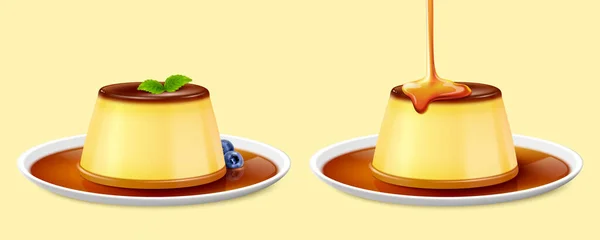 Two Custard Puddings Plates Isolated Yellow Background One Topped Mint — Archivo Imágenes Vectoriales