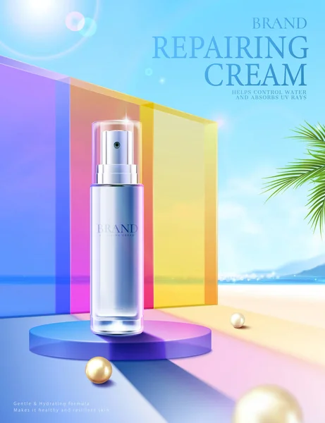 Summer Tropic Cosmetic Template Silver Blue Essence Bottle Displayed Podium — 图库矢量图片