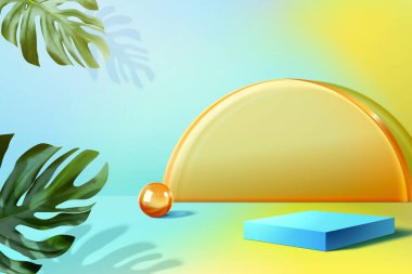 Display podium in 3d. Blue square with glass half disc in background and tropical leaves.