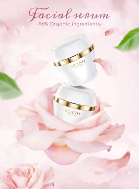 3d rose facial serum ad template, product jar mockup displayed on large pink roses.