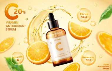 3d illustration of ultra hydrating facial serum ad, designed dropper bottle over sliced tangerine floating and liquid splash swirl in background. Skincare concept.