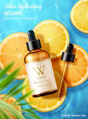 3d illustration of ultra hydrating facial serum ad, designed with sliced tangerine floating on water and realistic dropper bottle, summer skincare concept.