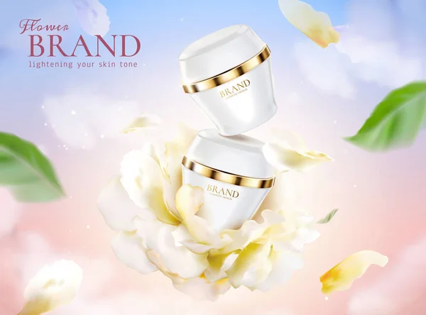 Cosmetic Cream Two Jars White Flower Petal Gradient Background Illustration — Stockový vektor